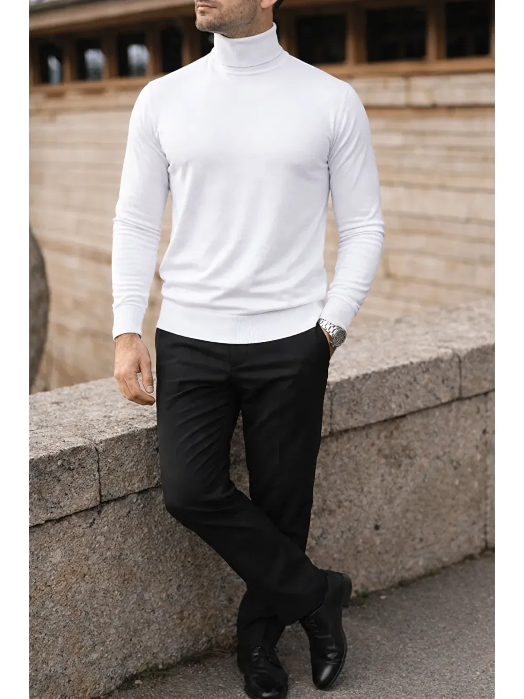 Erkek Trend Kışlık Boğazlı Beyaz Triko Kazak-3