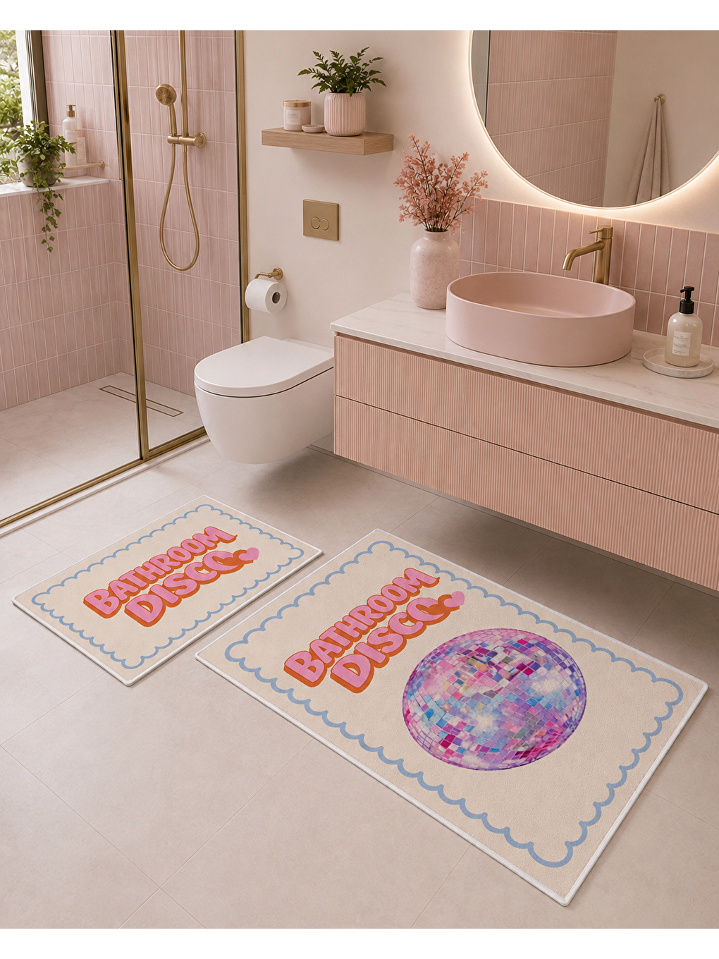 Pembe Pastel Retro Yazılı ve Disko Topu Desenli Banyo Paspası Dot Taban Üstü Kadife-5