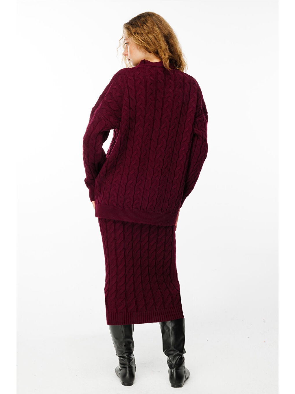 Saç Örgü Triko Bordo Elbise Hırka Takım-4