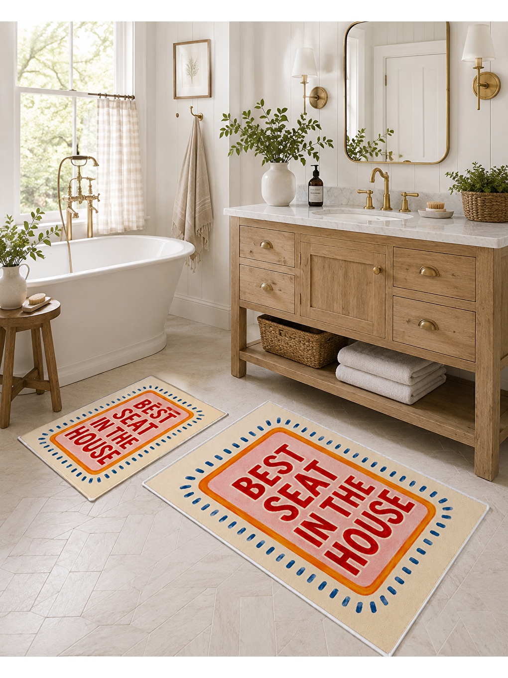 Karışık Renkli Tipografik Desenli Banyo Paspası Dot Taban Üstü Kadife-3