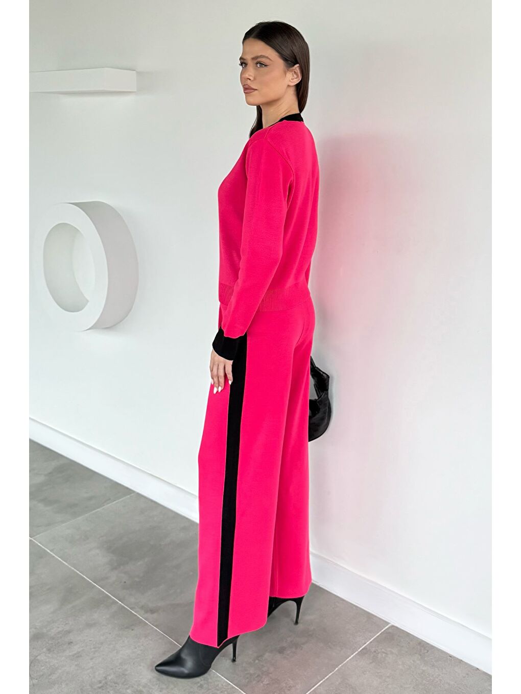 Fuşya Kadın Taş İşlemeli Kazak Pantolon Triko İkili Takım-3