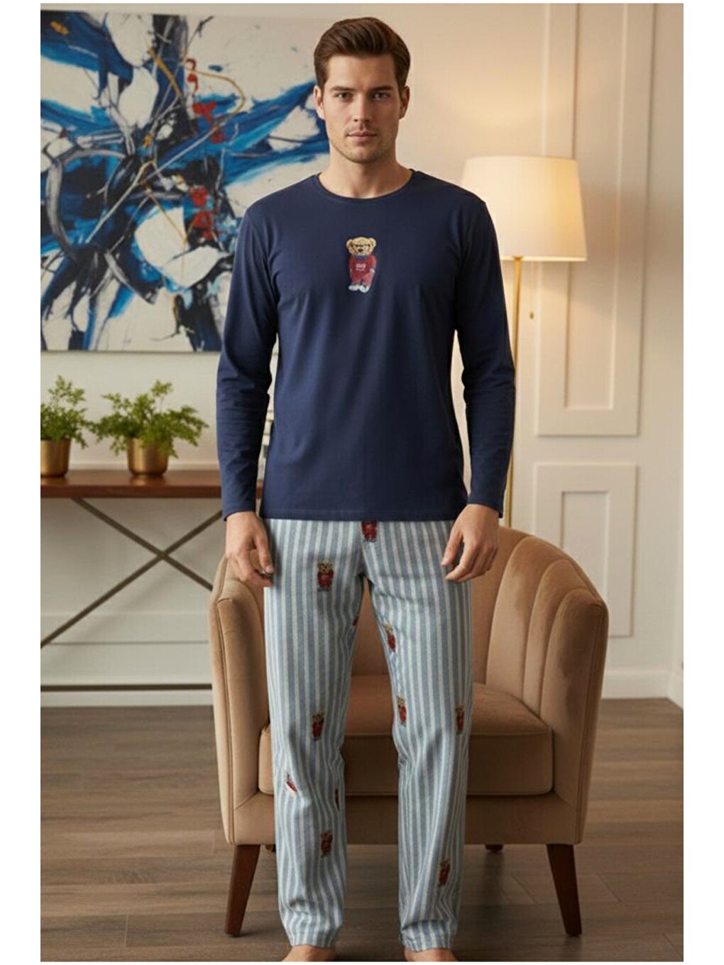 Karışık Deve Baskılı Uzun Kollu Örme Pijama Takım-1