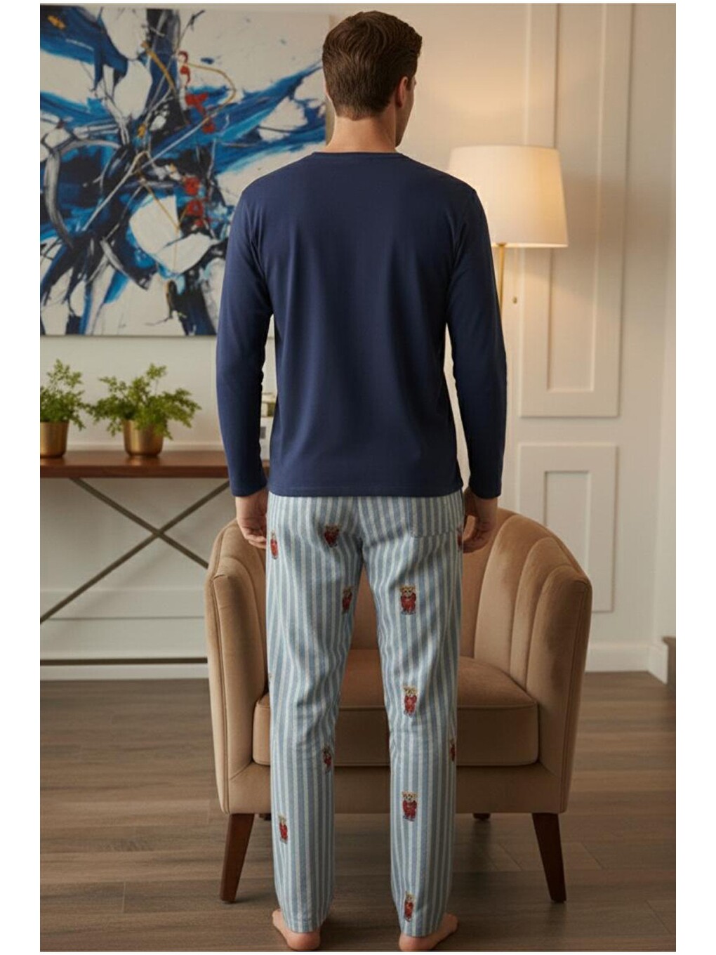 Karışık Deve Baskılı Uzun Kollu Örme Pijama Takım-2