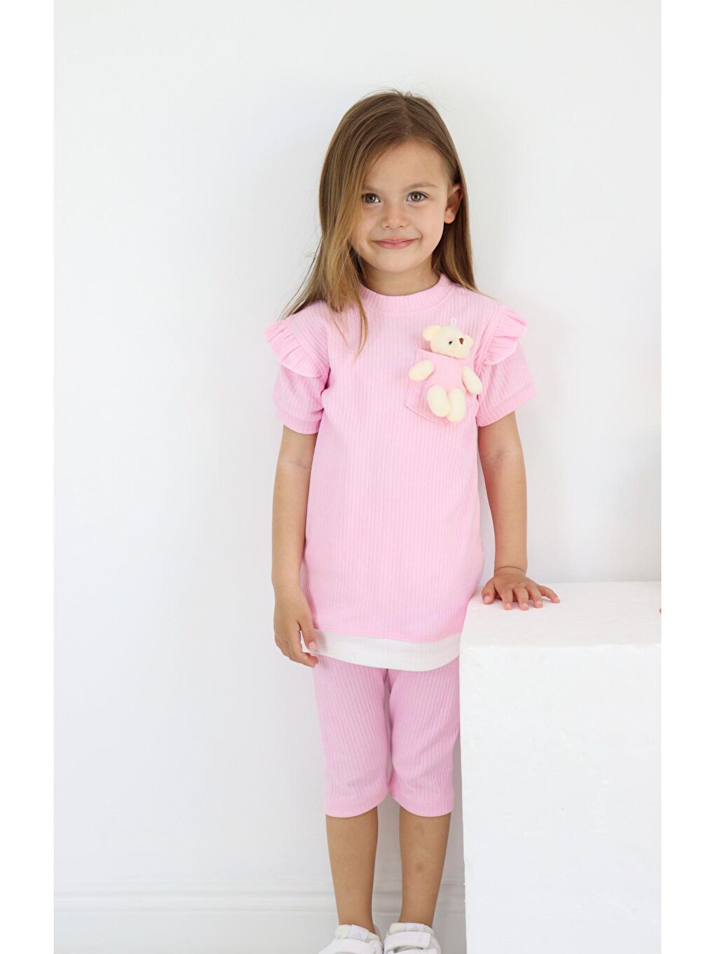Pembe Kız Çocuk Ayıcık Oyuncaklı Kaprili Yazlık Basic Takım 2-5 yaş