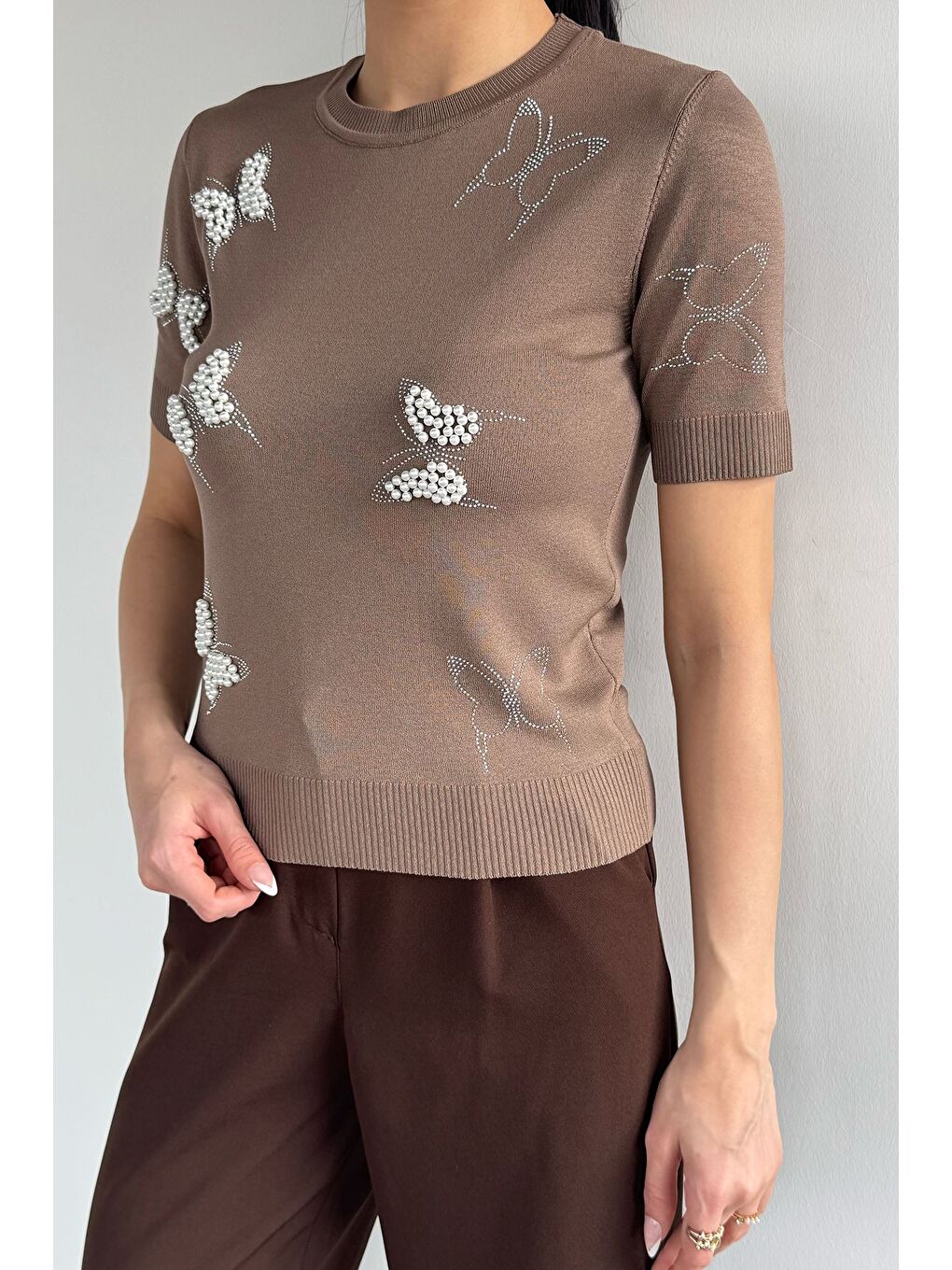 Bej İncili Baskılı Triko Tişört-2