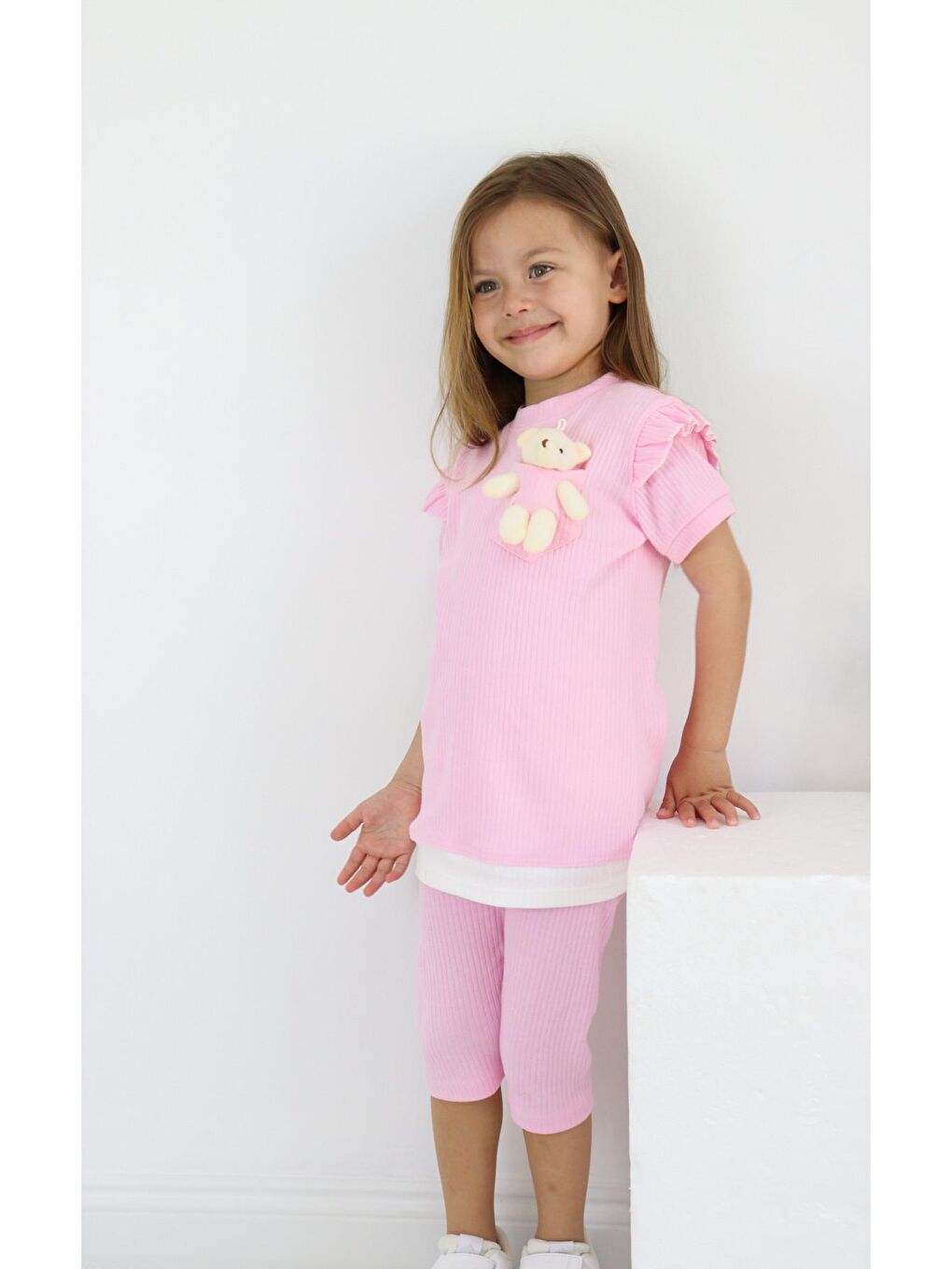 Pembe Kız Çocuk Ayıcık Oyuncaklı Kaprili Yazlık Basic Takım 2-5 yaş-1
