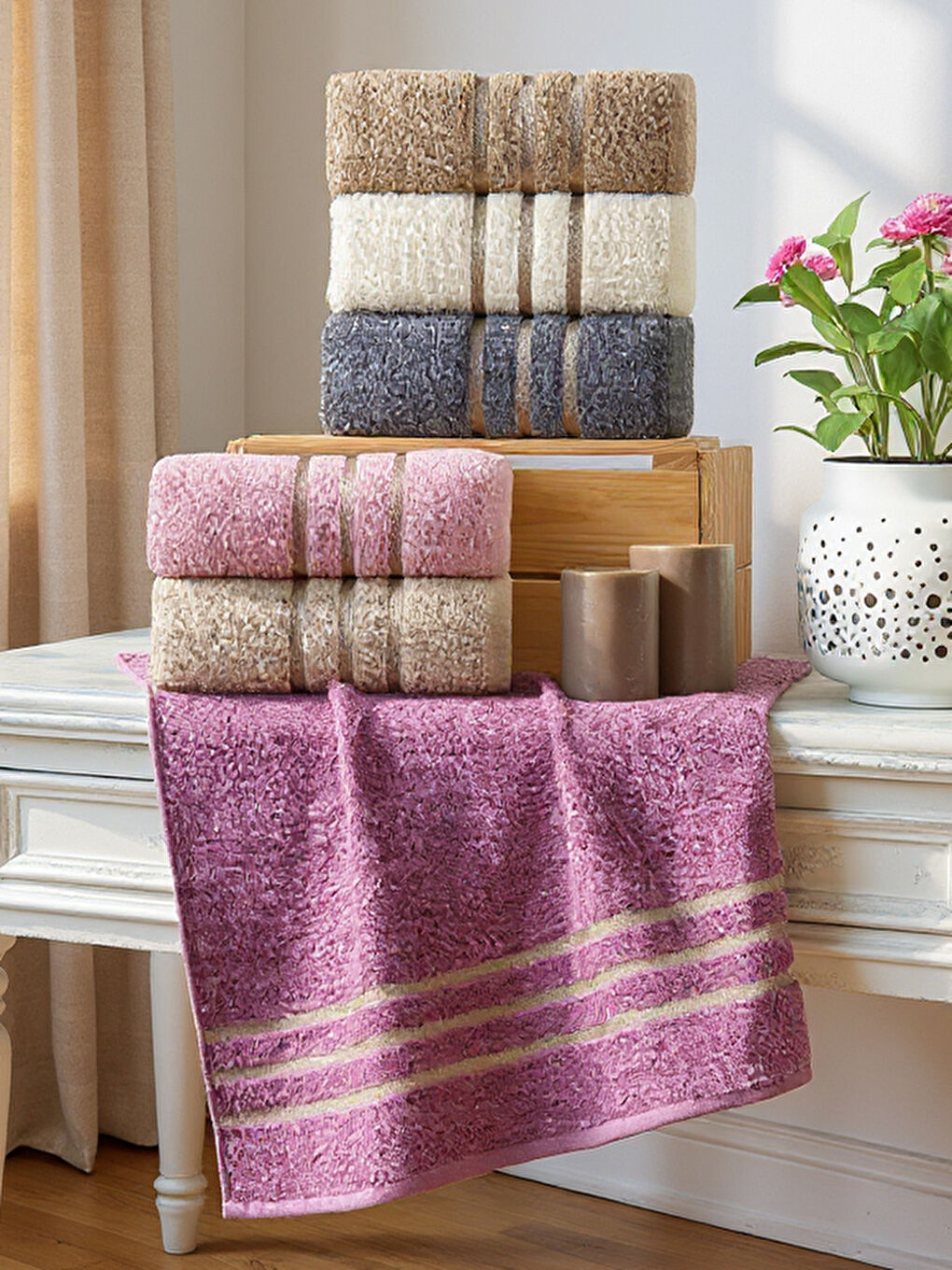 6’lı Renkli El Havlu Seti 50x85 cm, Bakır Renk Kombini, Yumuşak ve Emici (Kahverengi-Bej-Mor-Pudra-A