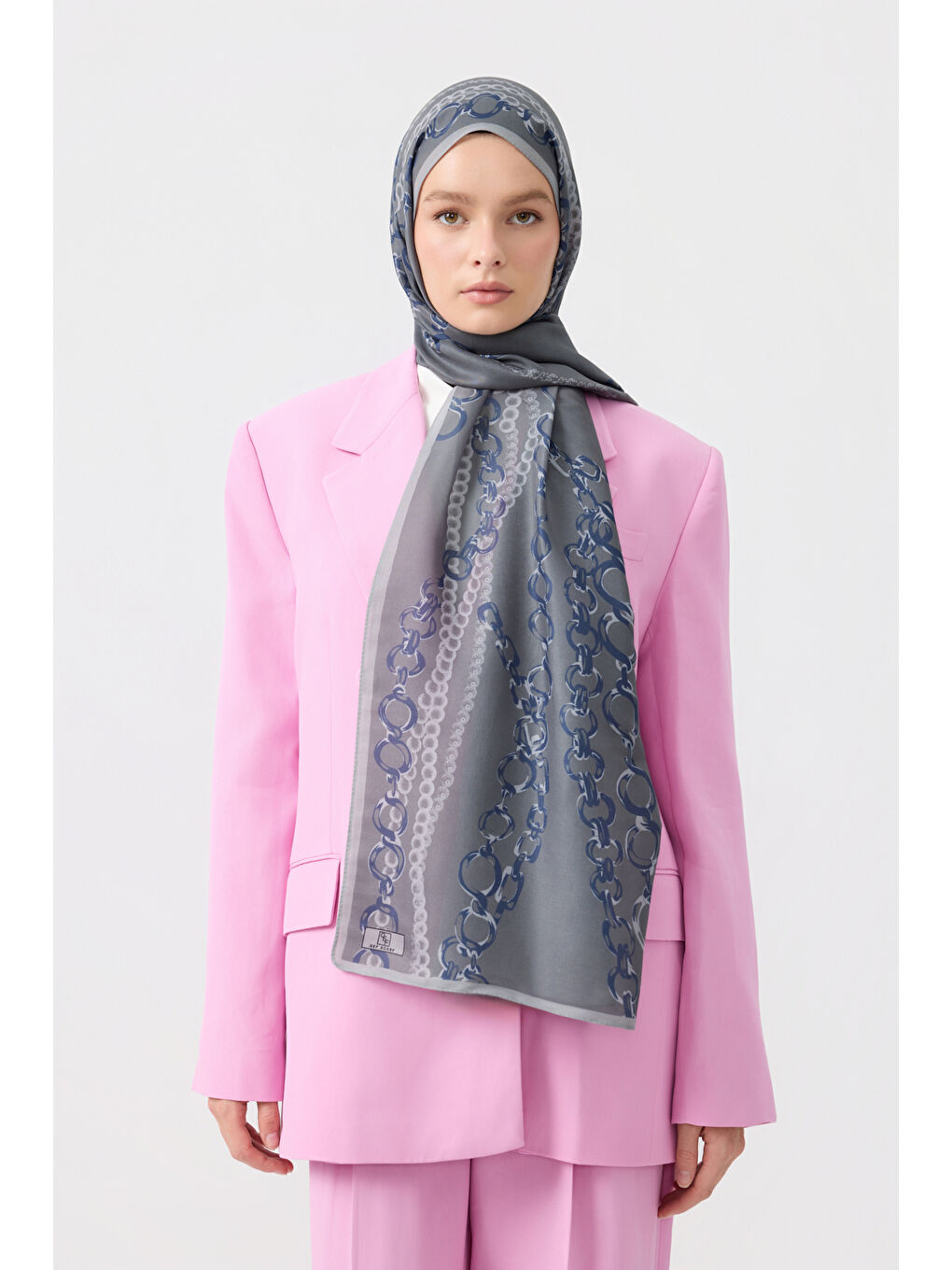 Gri Pamuk Twill Şal Loop Line Gümüş