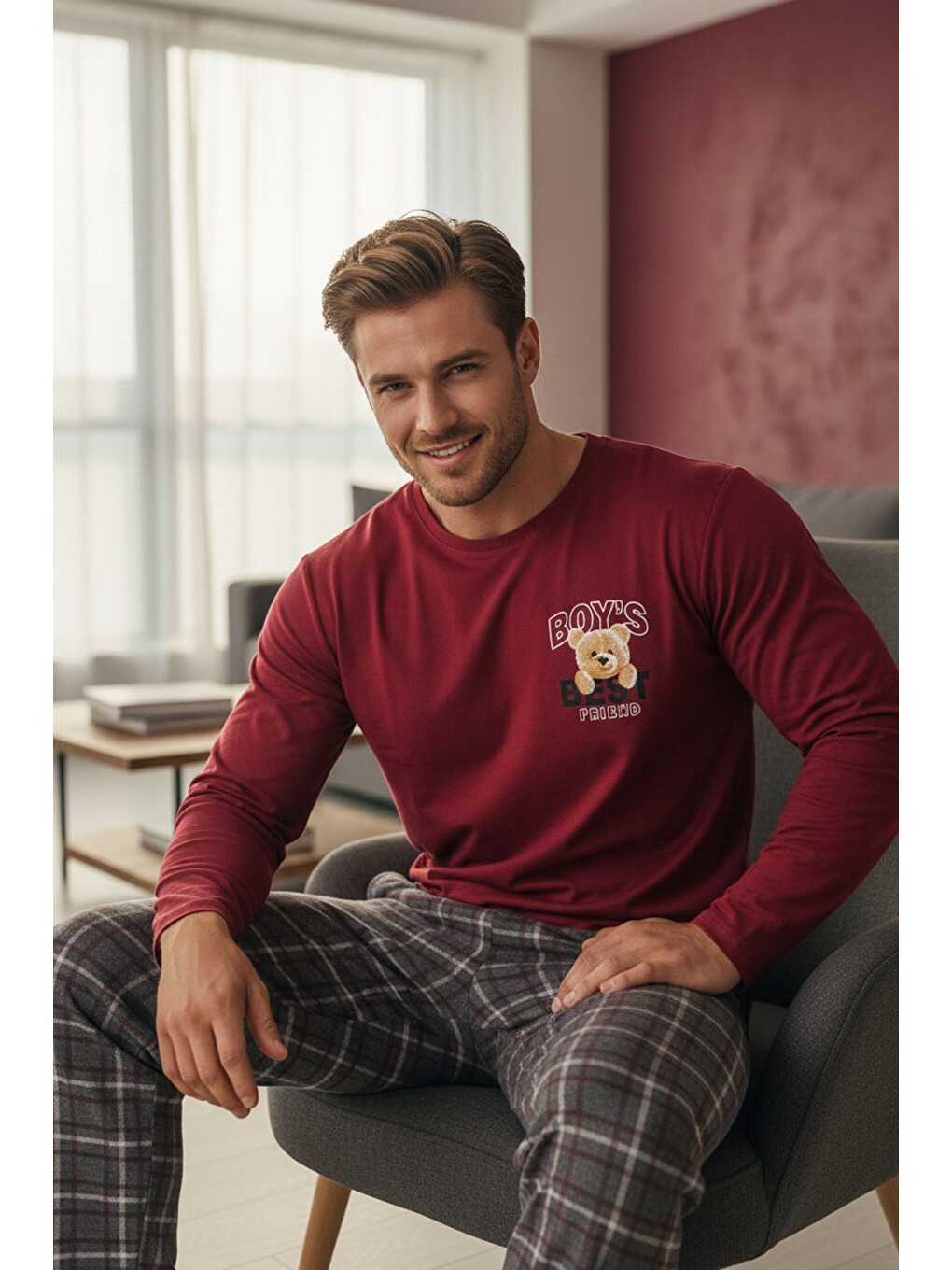 Bordo Deve Baskılı Uzun Kollu Örme Pijama Takım