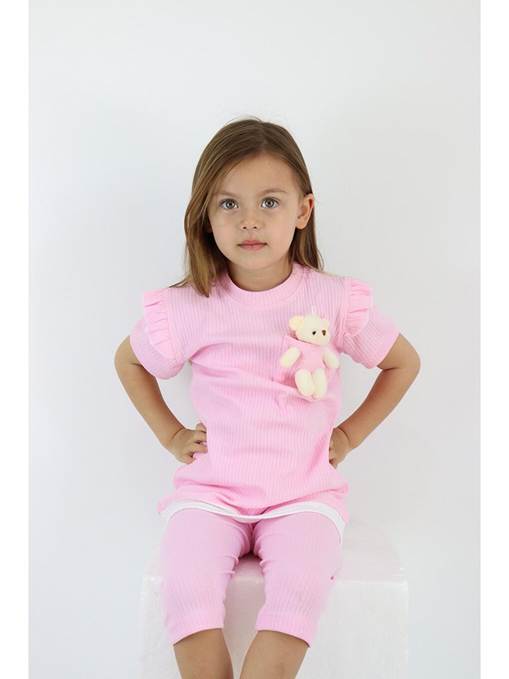Pembe Kız Çocuk Ayıcık Oyuncaklı Kaprili Yazlık Basic Takım 2-5 yaş-2
