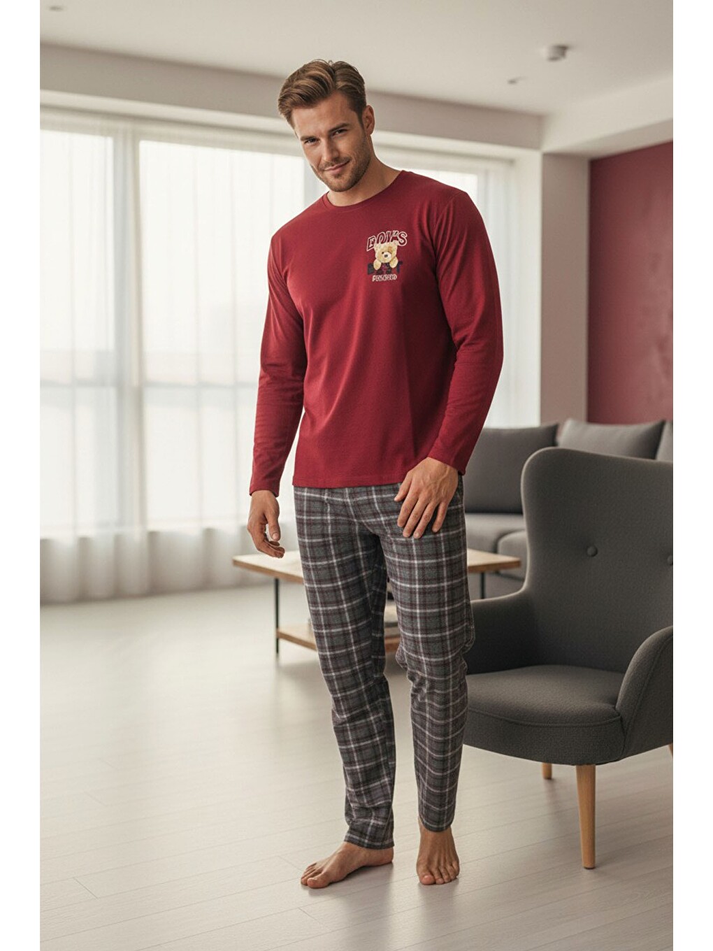 Bordo Deve Baskılı Uzun Kollu Örme Pijama Takım-1