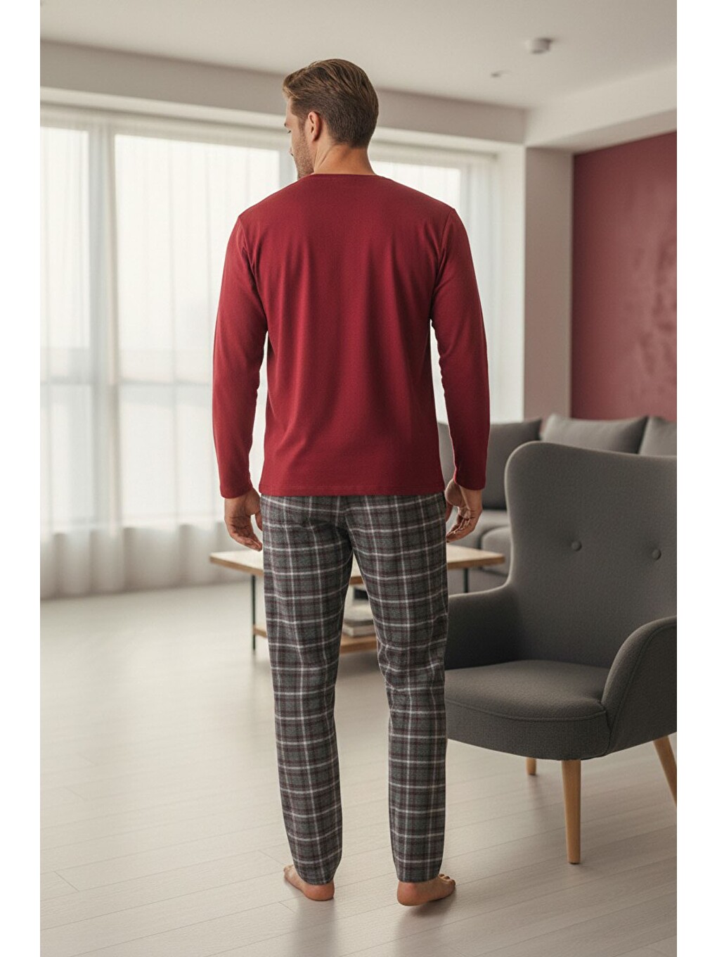 Bordo Deve Baskılı Uzun Kollu Örme Pijama Takım-2
