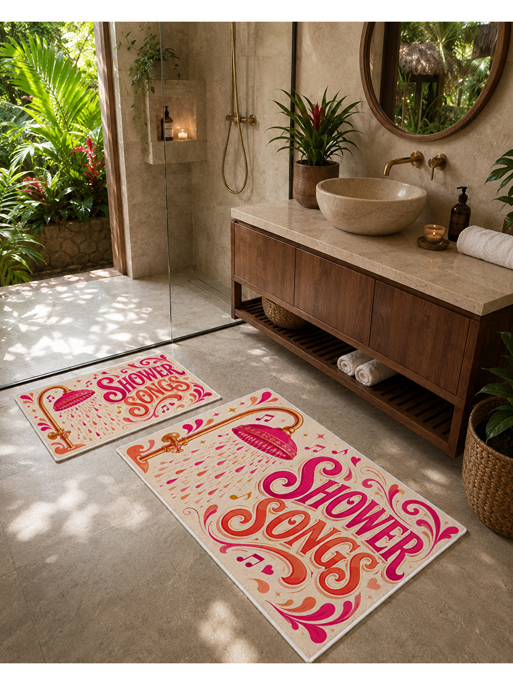 Pembe Retro Yazılı Duş Temalı Banyo Paspası Dot Taban Üstü Kadife-6