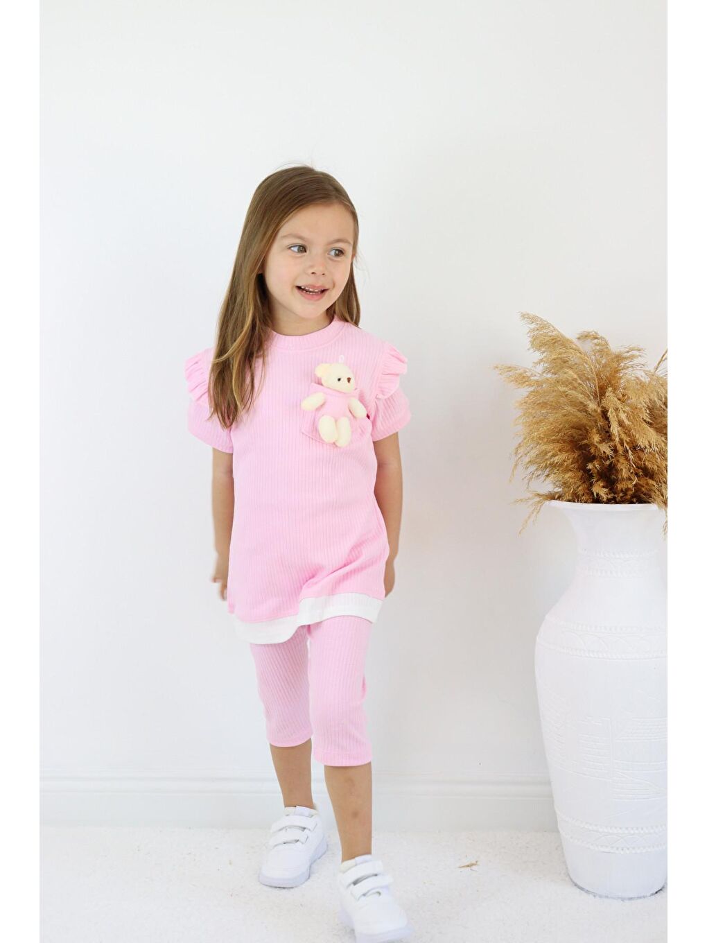Pembe Kız Çocuk Ayıcık Oyuncaklı Kaprili Yazlık Basic Takım 2-5 yaş-3