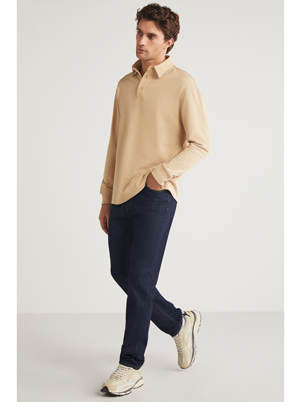 John Erkek Polo Sweat Gömlek Yakalı Organik Pamuklu Yırtmaçlı İçi Polarsız Bej Sweatshirt-3