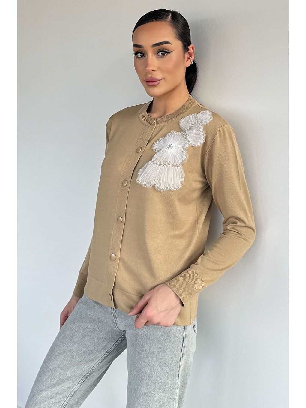 Bej Kadın Tül İşlemeli Triko Hırka (s-m-l-xl Uyumludur)-1