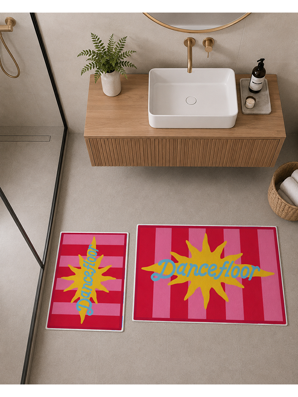Fuşya Sarı Yıldız Desenli Banyo Paspası Dot Taban Üstü Kadife