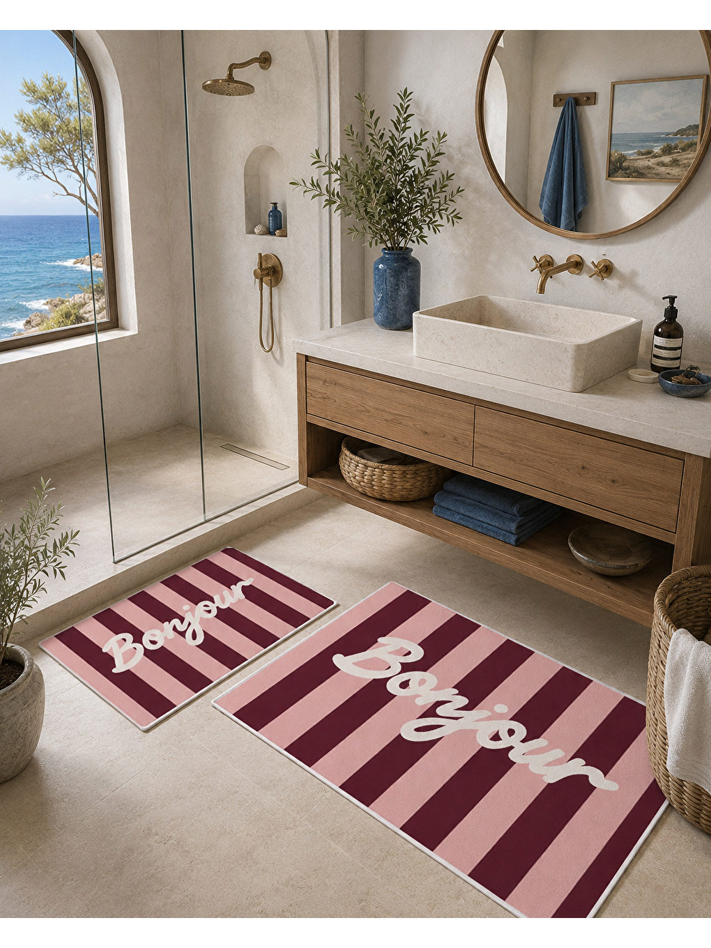 Bordo Çizgili Bonjour Yazılı Banyo Paspası Dot Taban Üstü Kadife-6