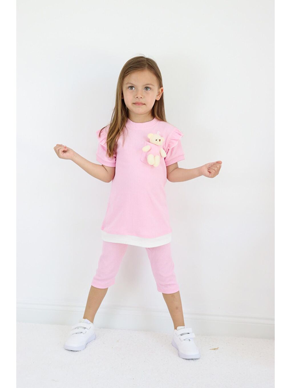 Pembe Kız Çocuk Ayıcık Oyuncaklı Kaprili Yazlık Basic Takım 2-5 yaş-4