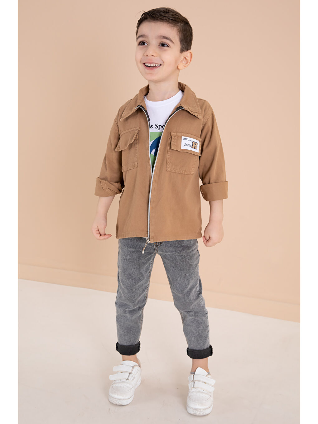 Kahverengi Kahve Fermuarlı Ceketli Tişörtlü Erkek Çocuk 3'lü Alt Üst Takım 19964-2