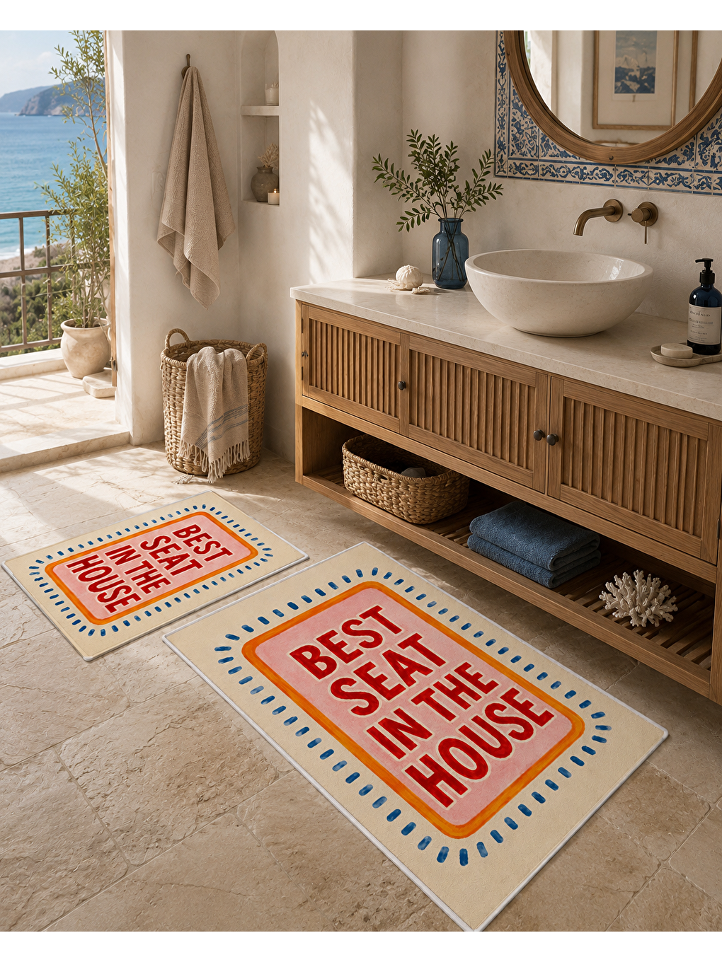 Karışık Renkli Tipografik Desenli Banyo Paspası Dot Taban Üstü Kadife-4