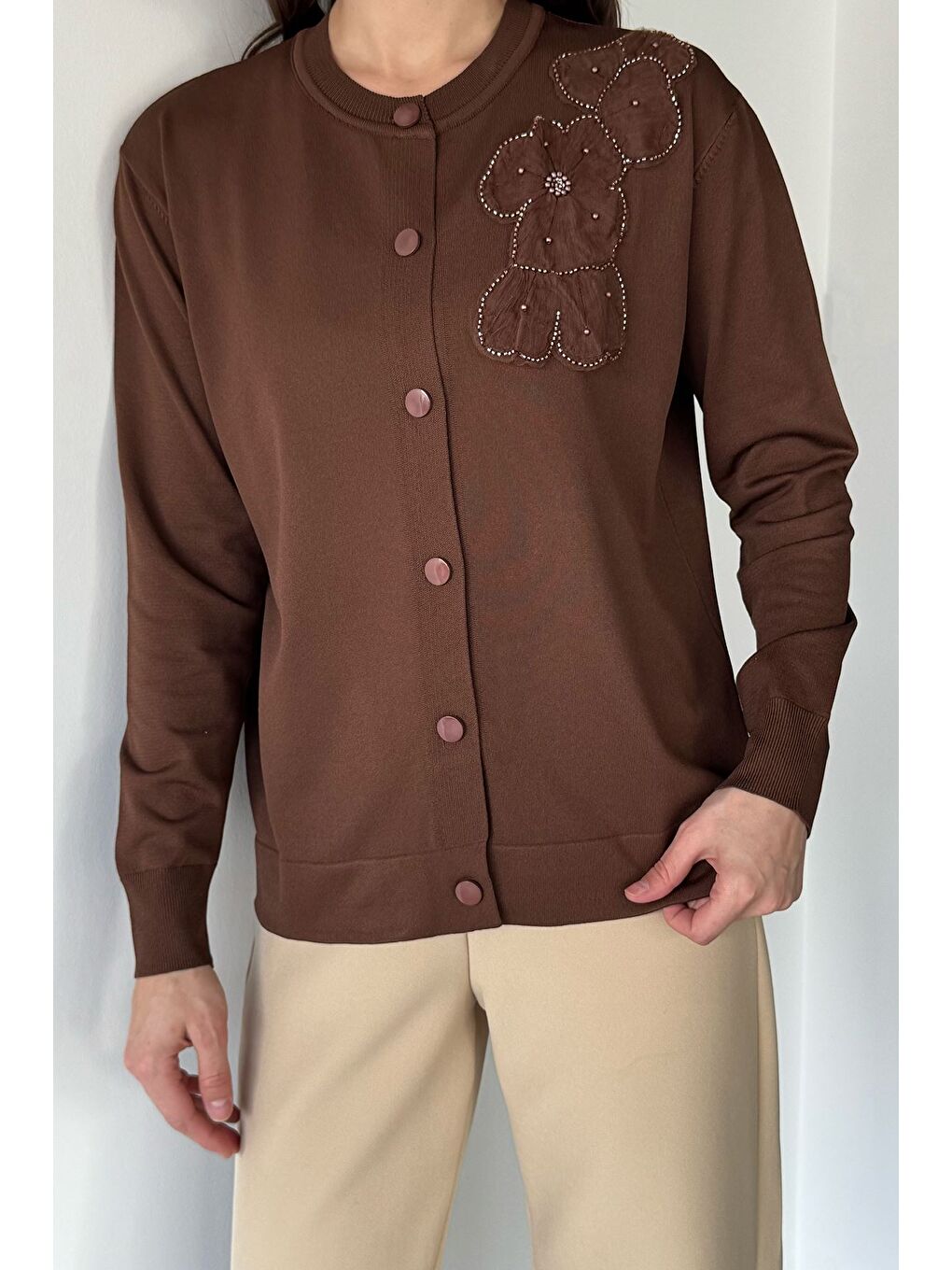 Kahverengi Kadın Tül İşlemeli Triko Hırka (s-m-l-xl Uyumludur)