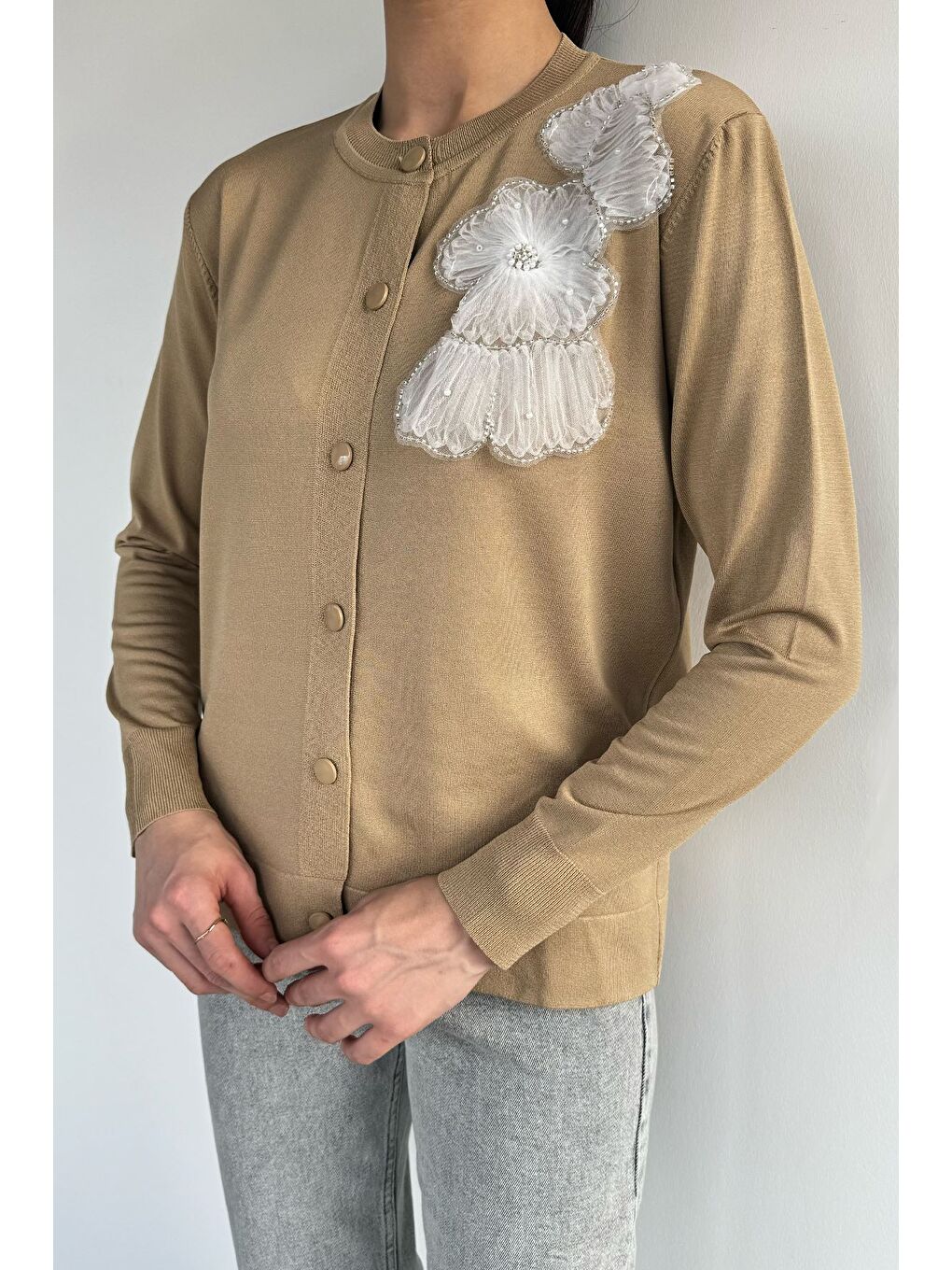 Bej Kadın Tül İşlemeli Triko Hırka (s-m-l-xl Uyumludur)-2