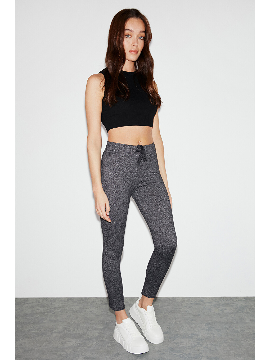 Judy Kadın Slim Fit Beli Lastikli Bağlamalı Basic Antrasit Tayt-5
