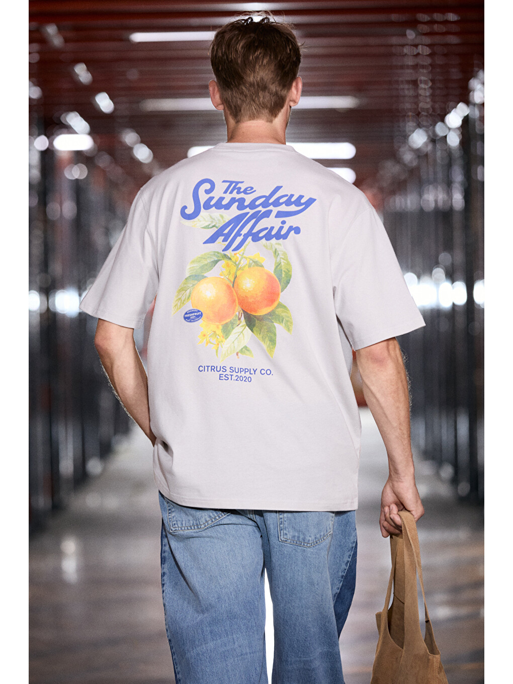 Gri GUARDIANO Erkek %100 Organik Pamuklu Baskı Detaylı Rahat Kalıp AÇIK GRİ T-Shirt-4