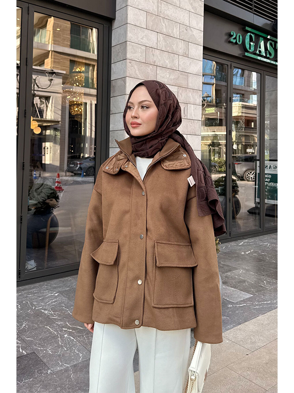Kahverengi Kadın Yakası Lastik Detaylı Ceket Taba-1