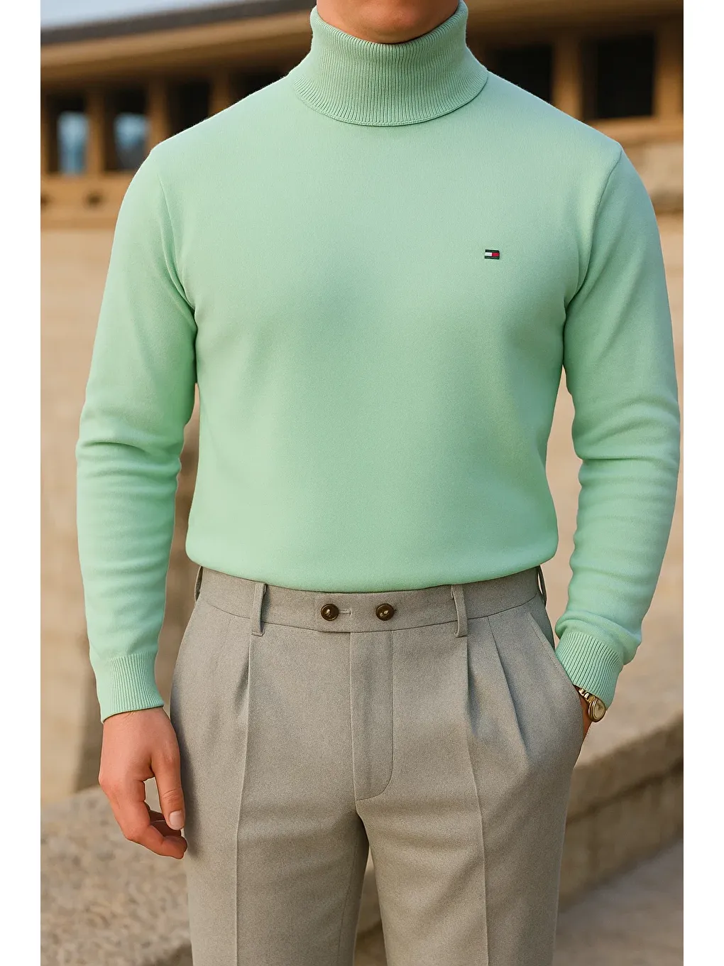 Yeşil Erkek Trend Kışlık Boğazlı Mint Triko Kazak