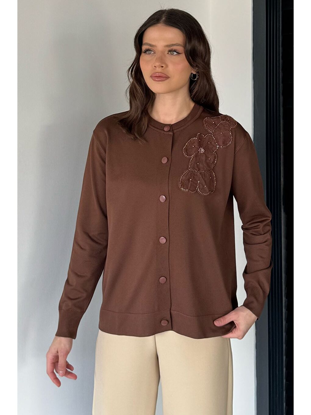 Kahverengi Kadın Tül İşlemeli Triko Hırka (s-m-l-xl Uyumludur)-1