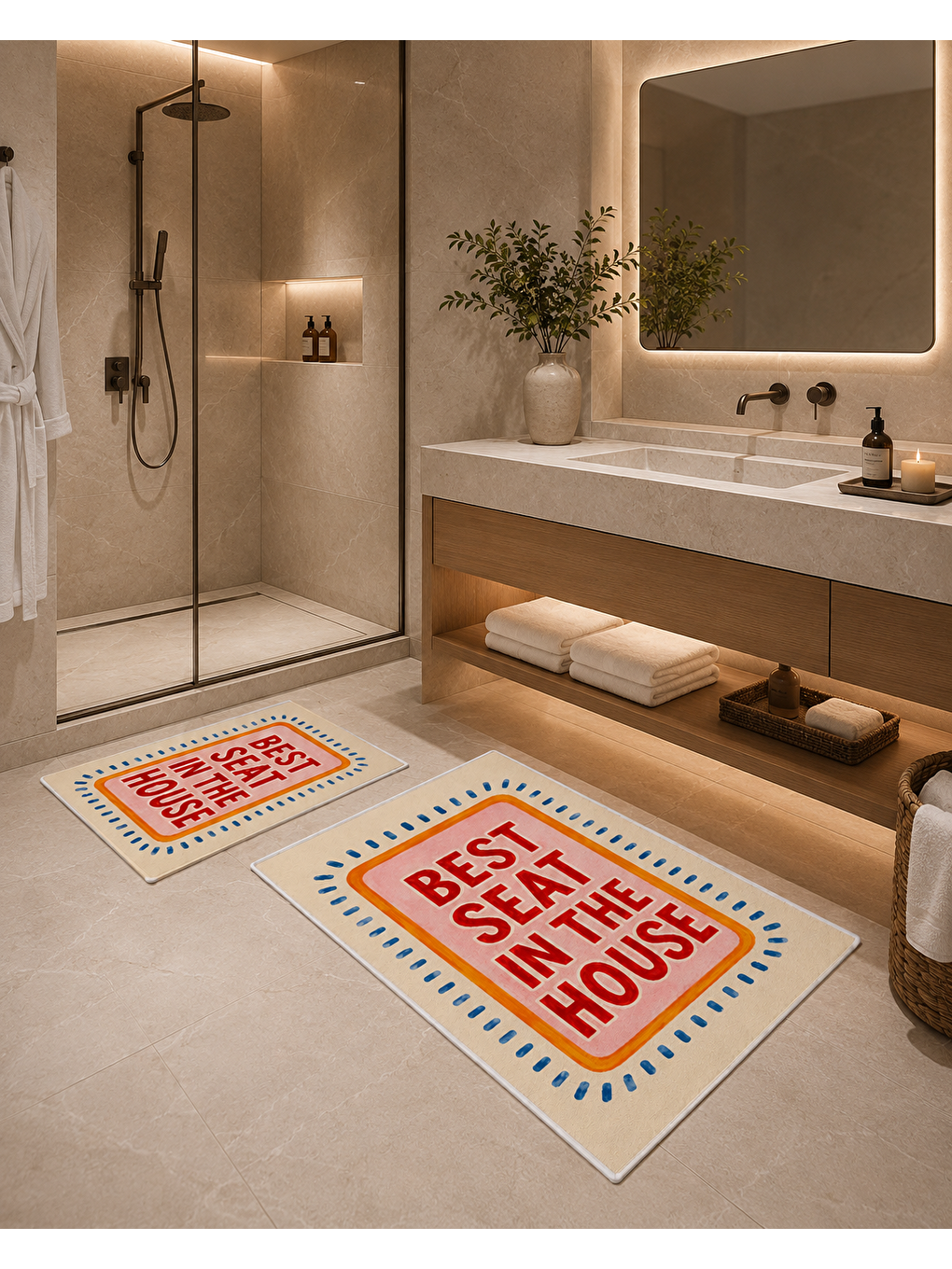Karışık Renkli Tipografik Desenli Banyo Paspası Dot Taban Üstü Kadife-5