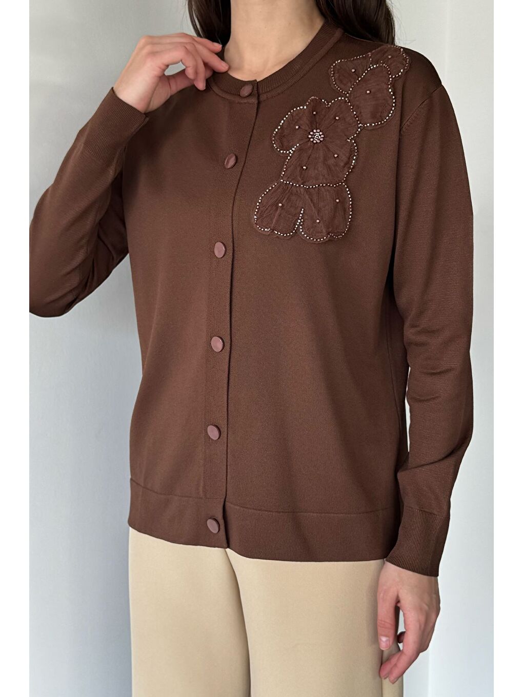 Kahverengi Kadın Tül İşlemeli Triko Hırka (s-m-l-xl Uyumludur)-2