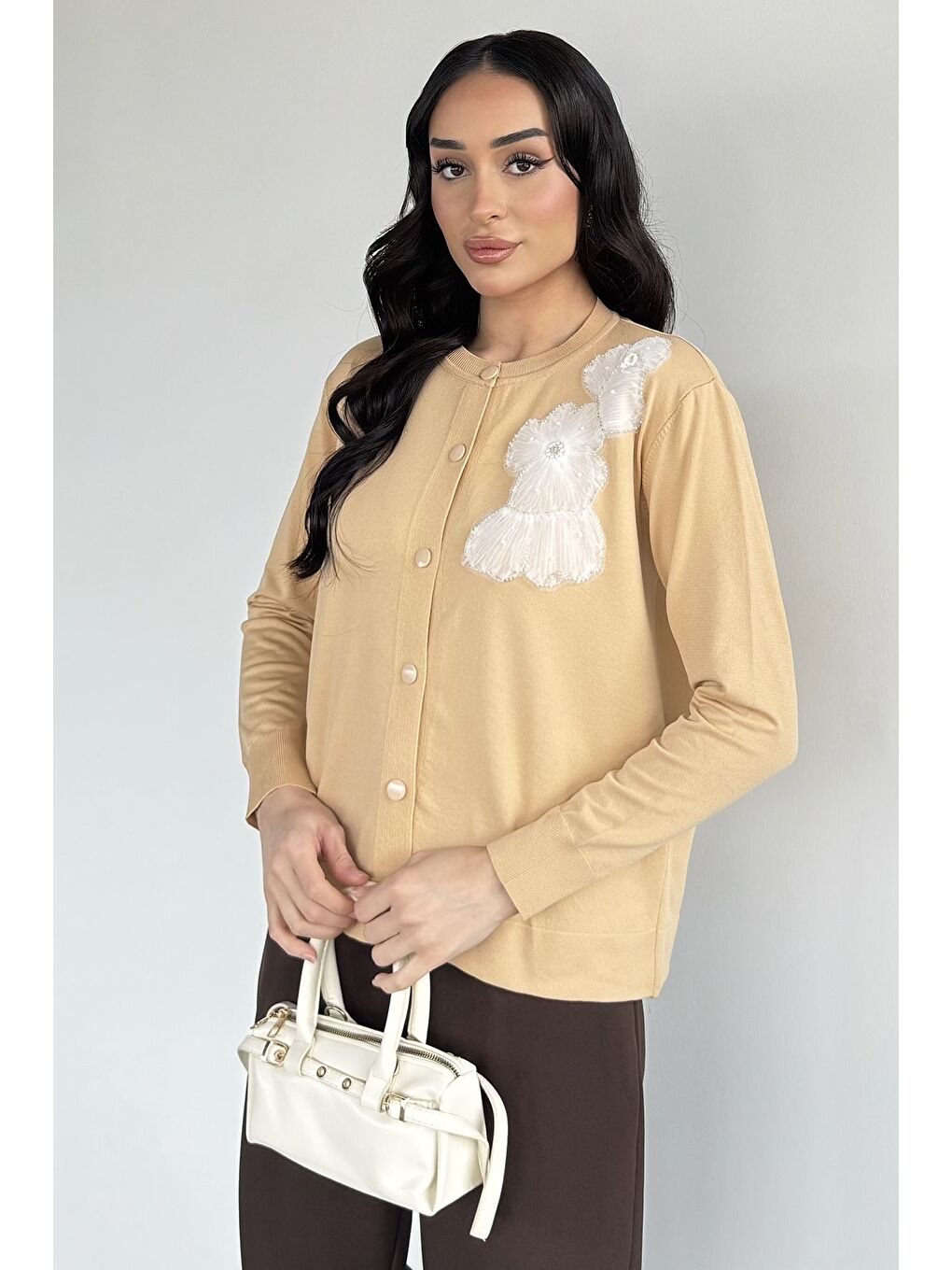 Bej Kadın Tül İşlemeli Triko Hırka (s-m-l-xl Uyumludur)-1