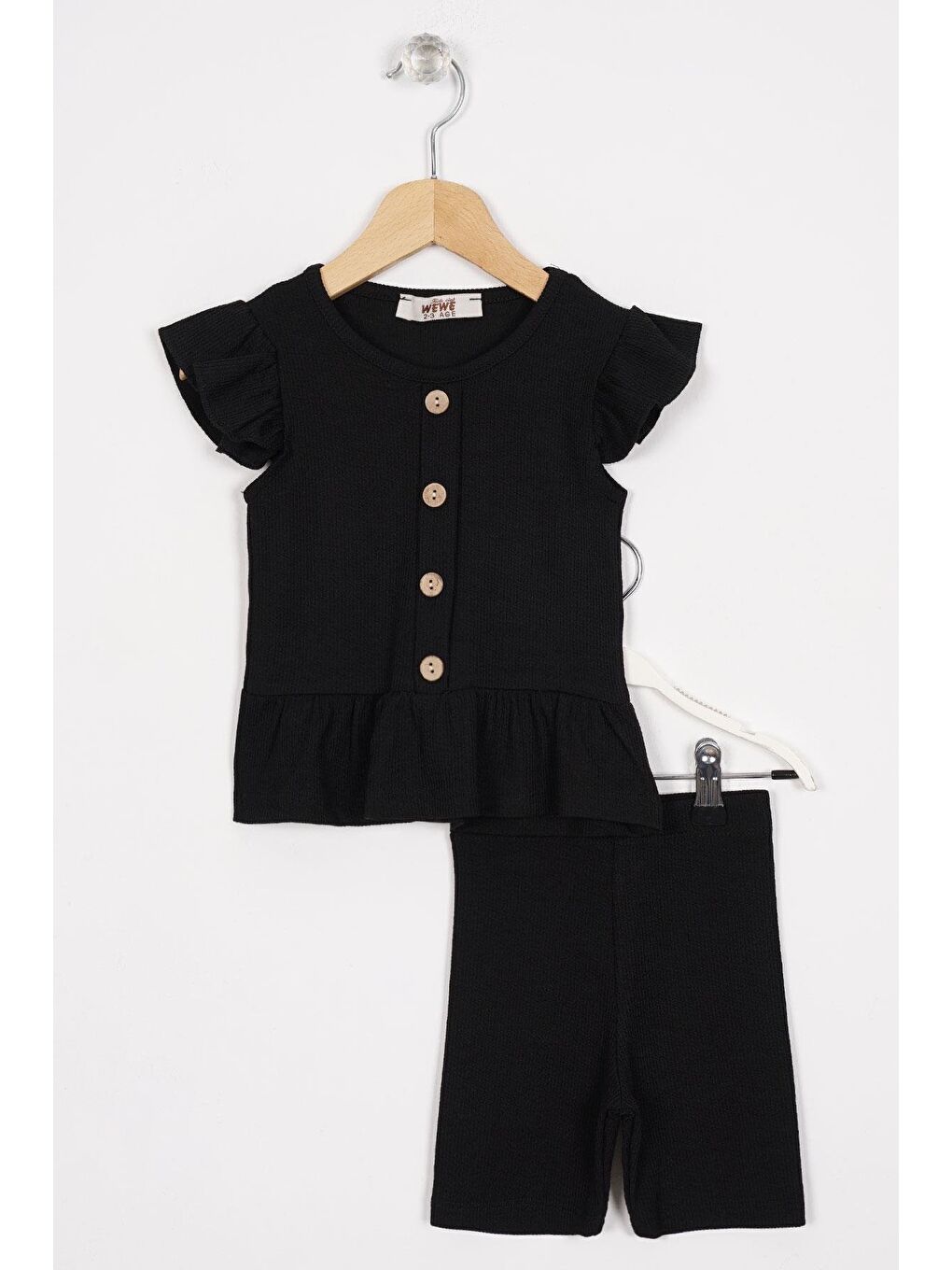 Siyah Eteği Fırfırlı Düğme Detaylı Kız Çocuk Taytlı Takım