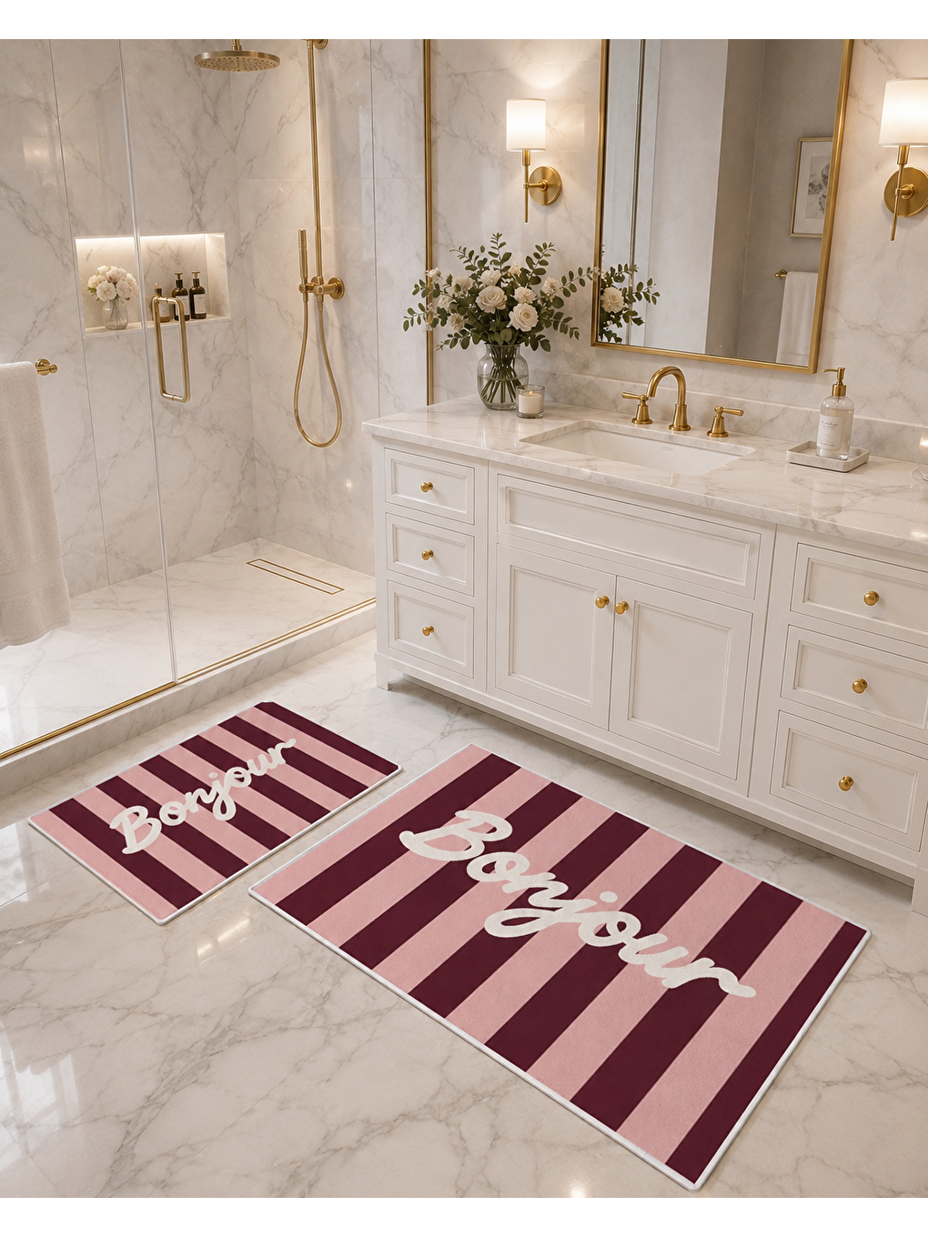 Bordo Çizgili Bonjour Yazılı Banyo Paspası Dot Taban Üstü Kadife-7