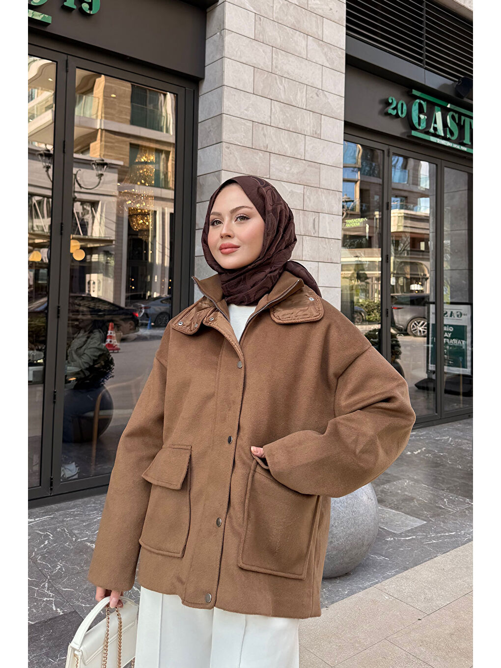 Kahverengi Kadın Yakası Lastik Detaylı Ceket Taba-3