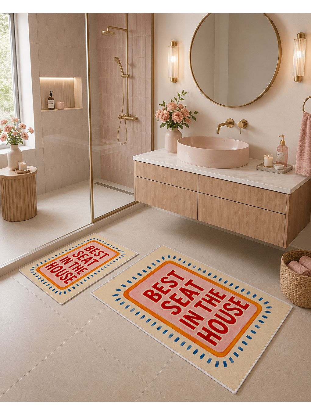 Karışık Renkli Tipografik Desenli Banyo Paspası Dot Taban Üstü Kadife-6