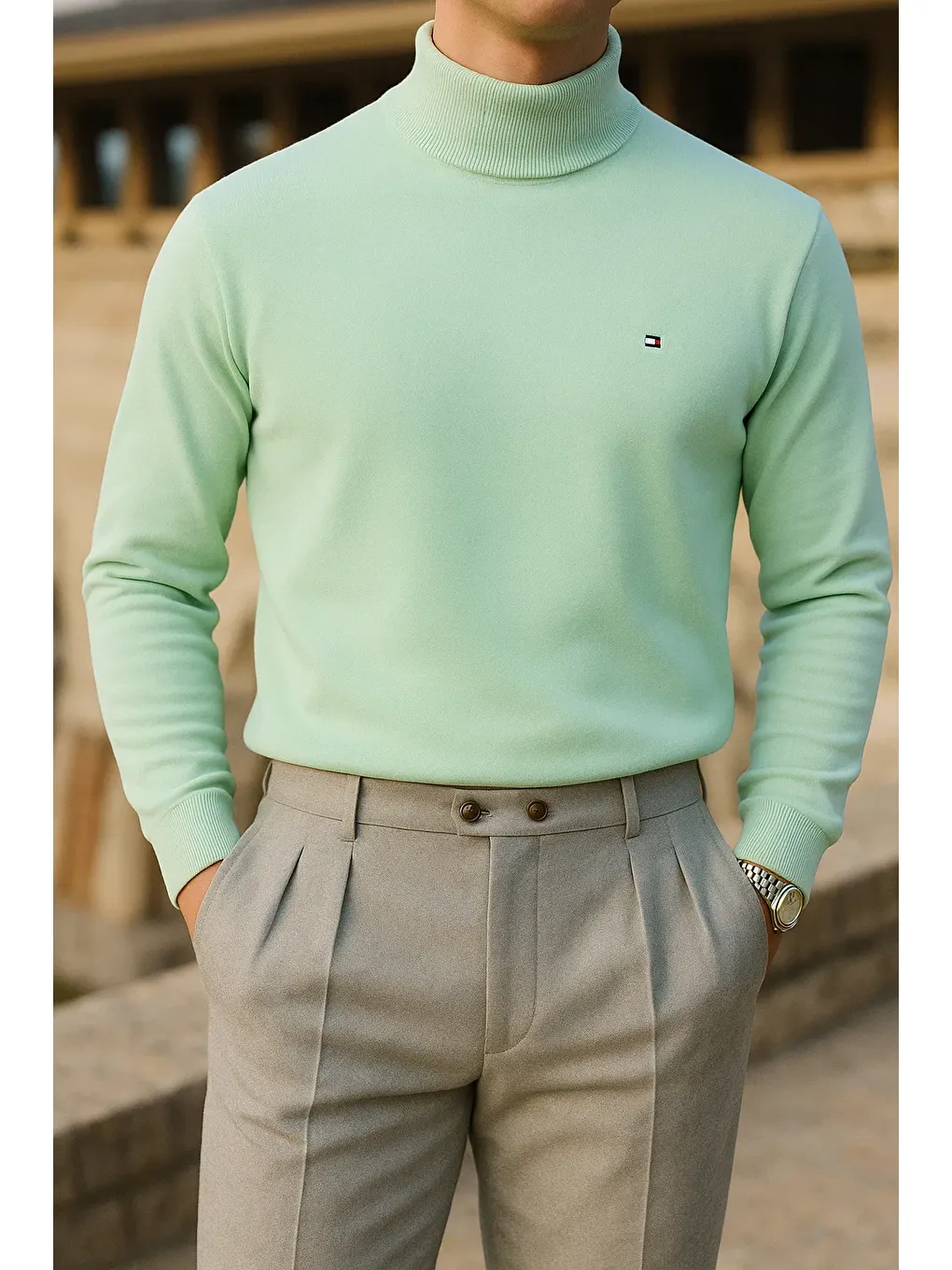 Yeşil Erkek Trend Kışlık Boğazlı Mint Triko Kazak-1