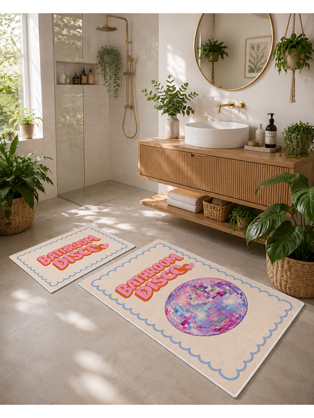 Pembe Pastel Retro Yazılı ve Disko Topu Desenli Banyo Paspası Dot Taban Üstü Kadife-6