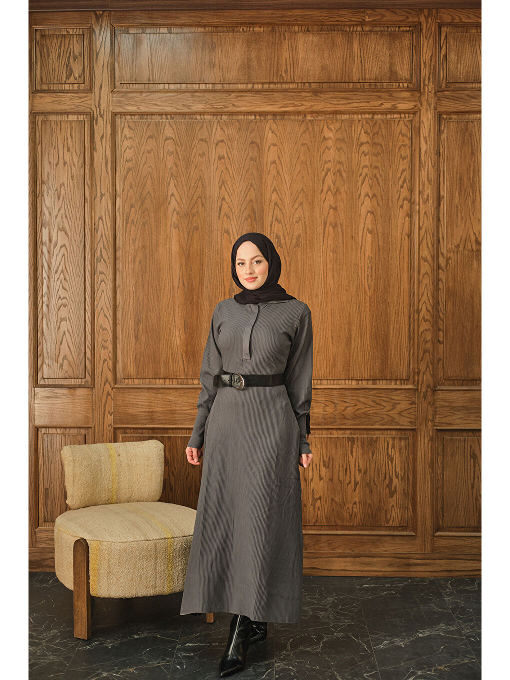 Kadın Gizli Düğme Detaylı Elbise Antrasit-2