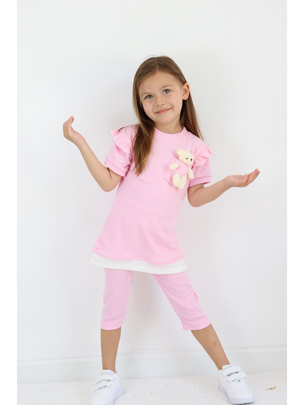Pembe Kız Çocuk Ayıcık Oyuncaklı Kaprili Yazlık Basic Takım 2-5 yaş-7