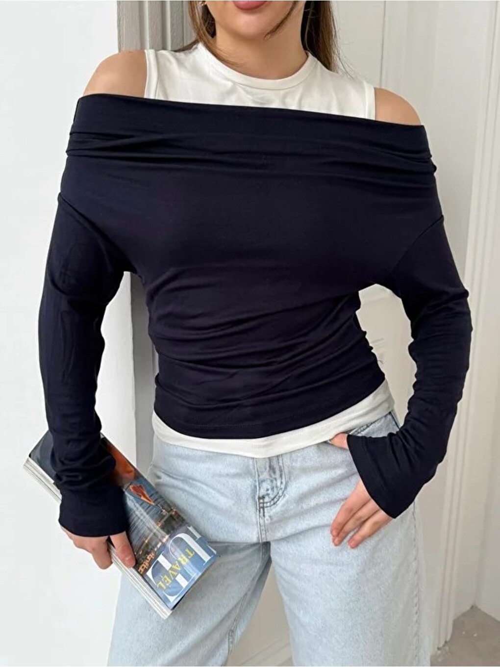 Kadın Omuz Pile Detaylı Kayık Yaka Atlet Detaylı Yeni Sezon Sweatshirt Lacivert-2