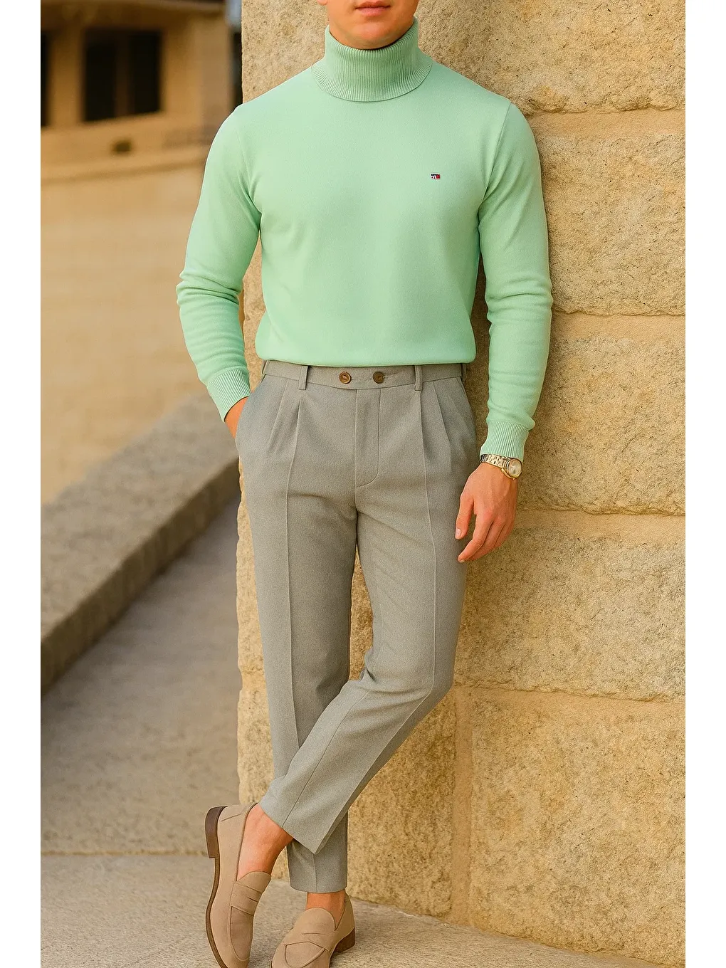 Yeşil Erkek Trend Kışlık Boğazlı Mint Triko Kazak-2
