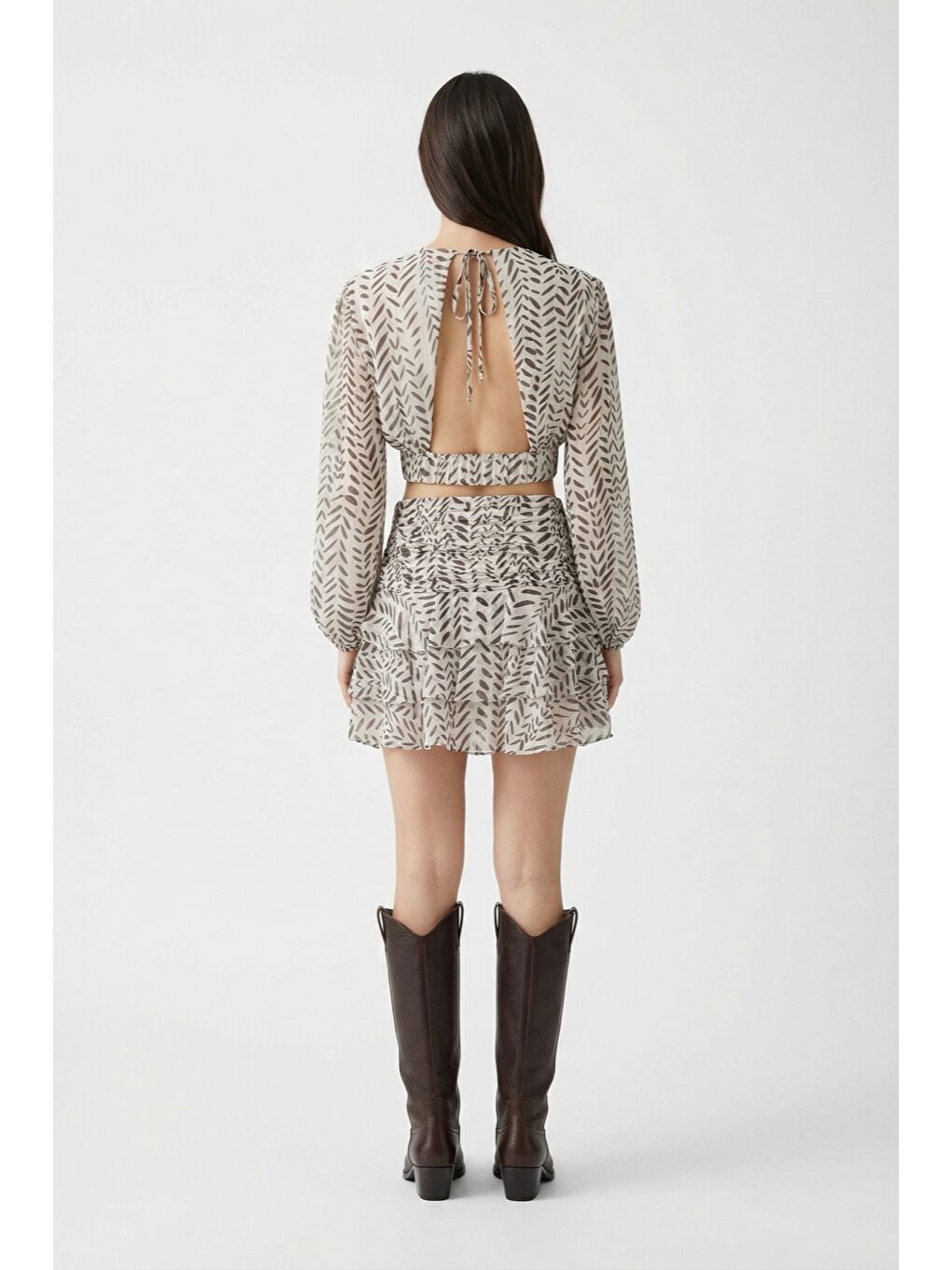 Desenli Fırfırlı Mini Etek Haki-2