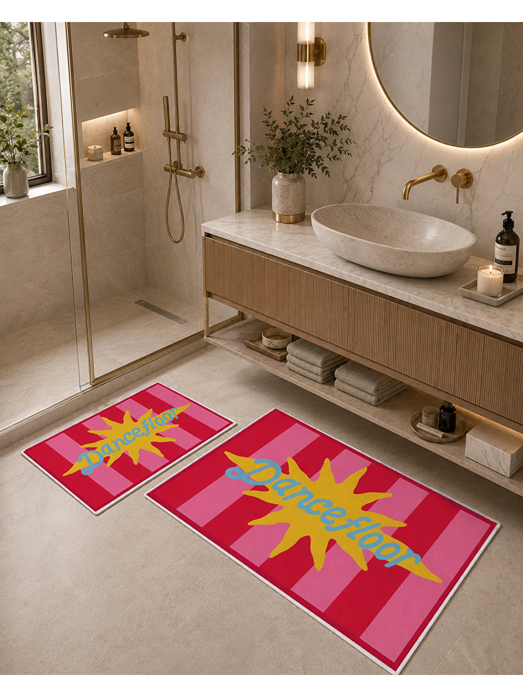 Fuşya Sarı Yıldız Desenli Banyo Paspası Dot Taban Üstü Kadife-1