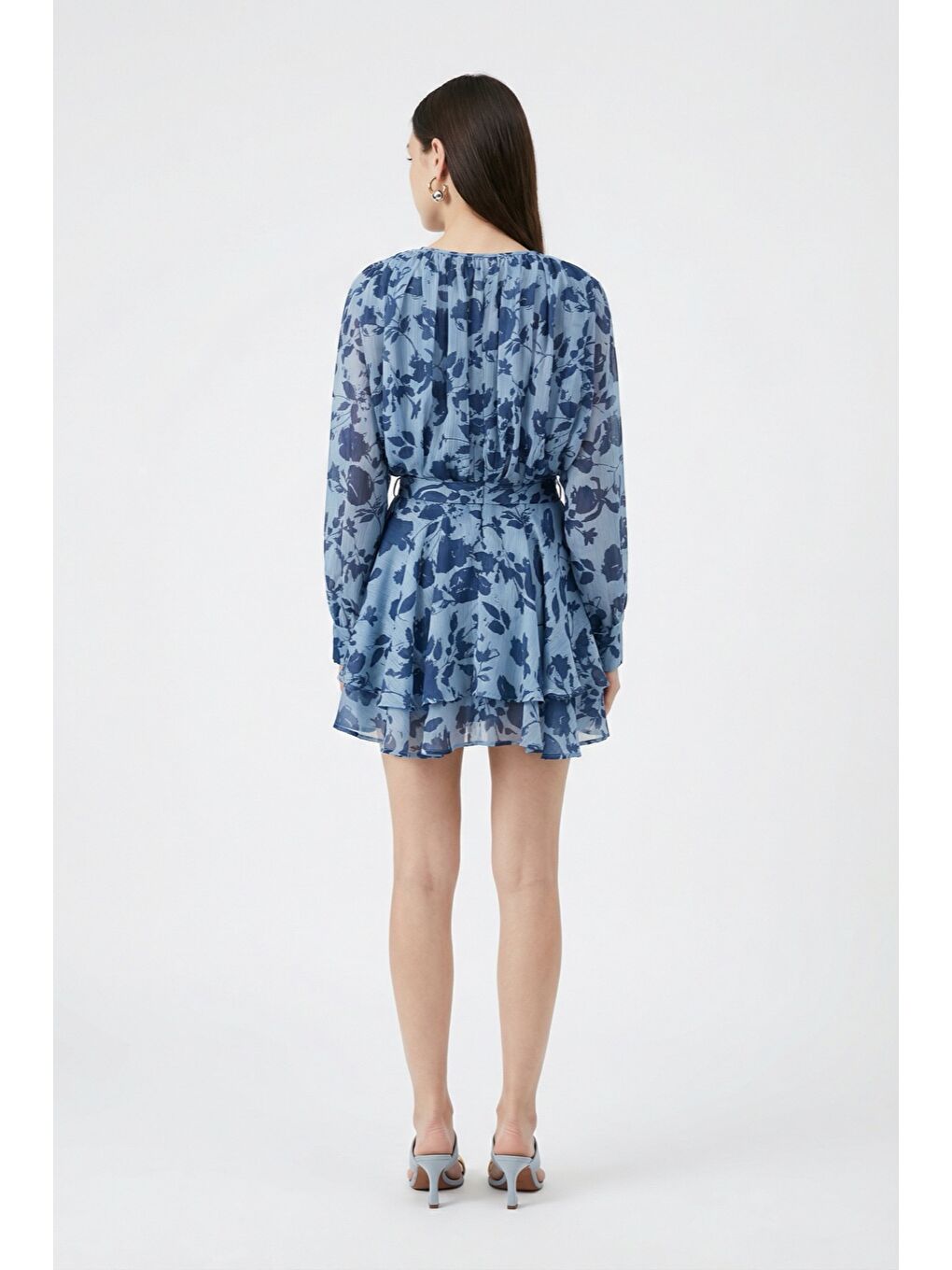 Çiçek Desenli Bağcıklı Mini Elbise Mavi-2
