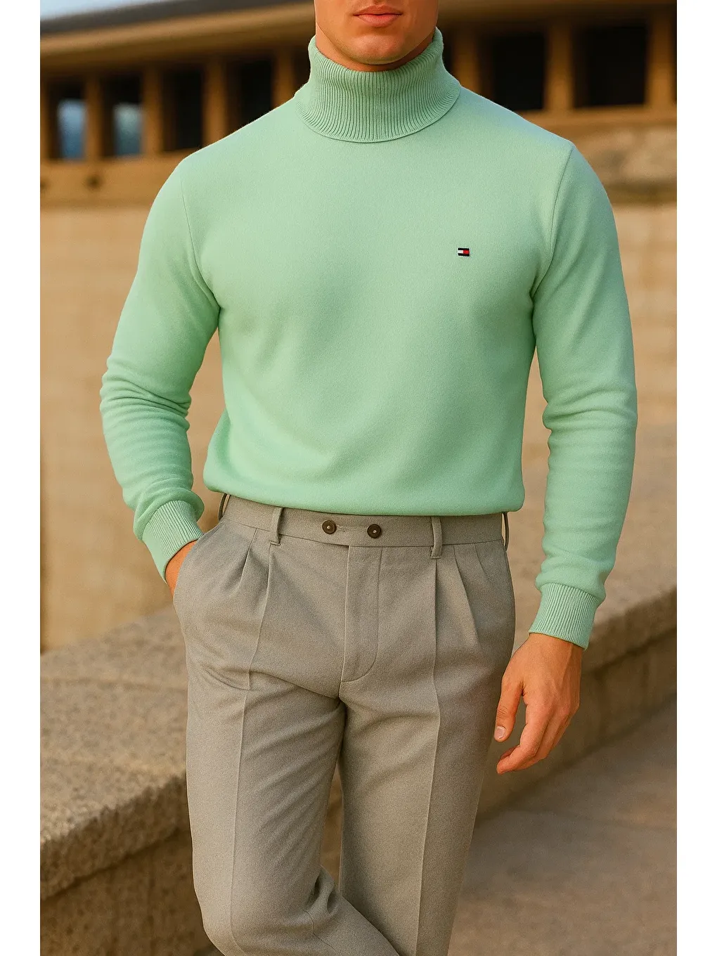 Yeşil Erkek Trend Kışlık Boğazlı Mint Triko Kazak-3
