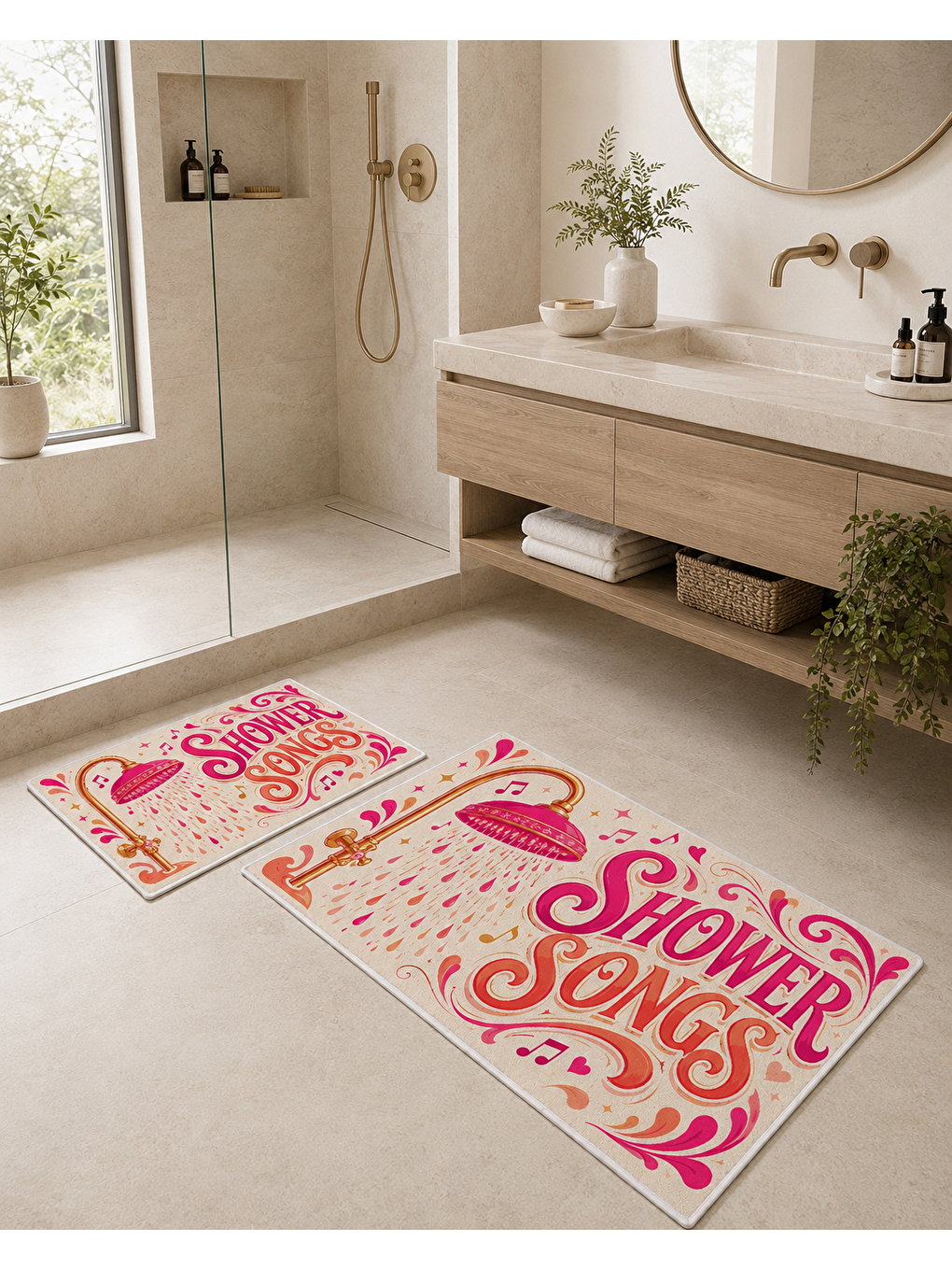 Pembe Retro Yazılı Duş Temalı Banyo Paspası Dot Taban Üstü Kadife-7